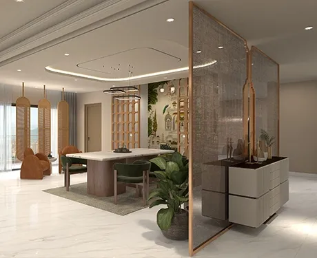 Contemporary dining space with elegant partitions and warm accents