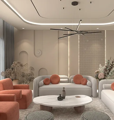 Elegant modern lounge with soft curves, warm tones, and calm style
