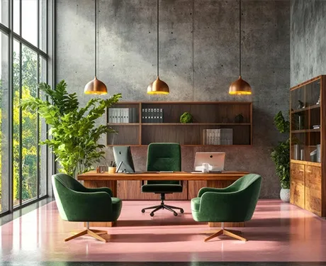 Modern office with green chairs and industrial interior decor