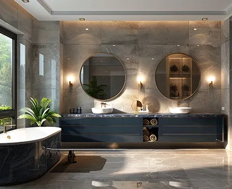 A luxurious modern bathroom with a double vanity and round mirrors.