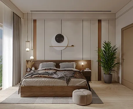 Serene modern bedroom with warm wood tones and refined elegance