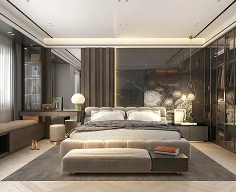 Elegant modern bedroom with sleek decor and warm lighting