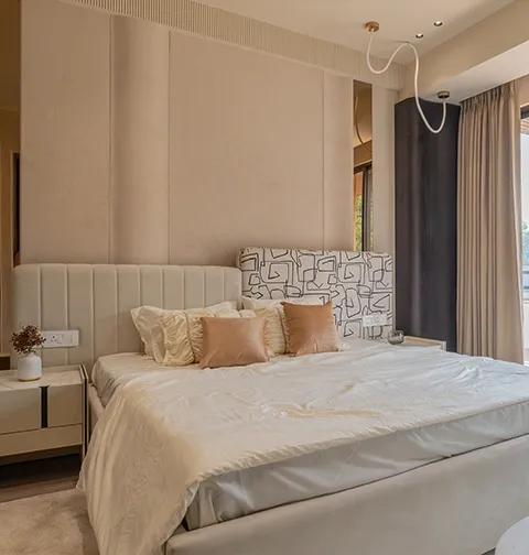 Luxurious beige bedroom with soft textures and elegant details