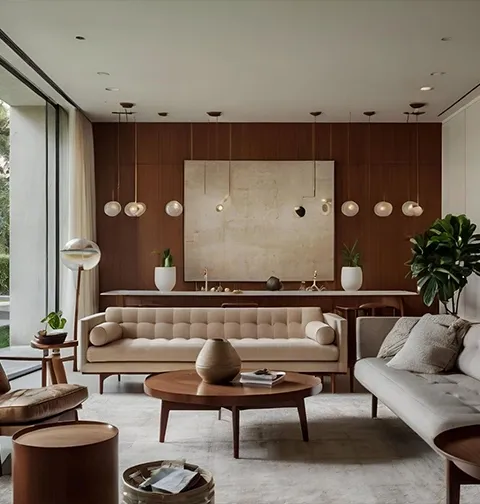 Elegant modern living room with warm wood decor accents indoors
