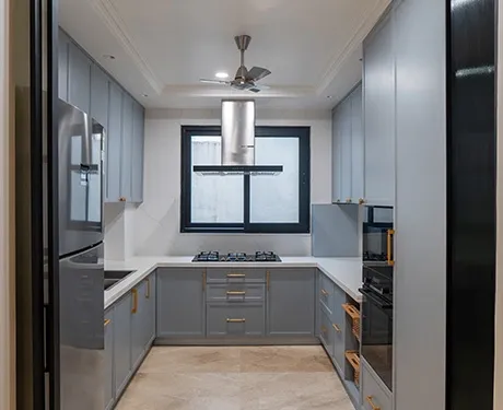 Modern minimalist kitchen with sleek gray cabinetry design